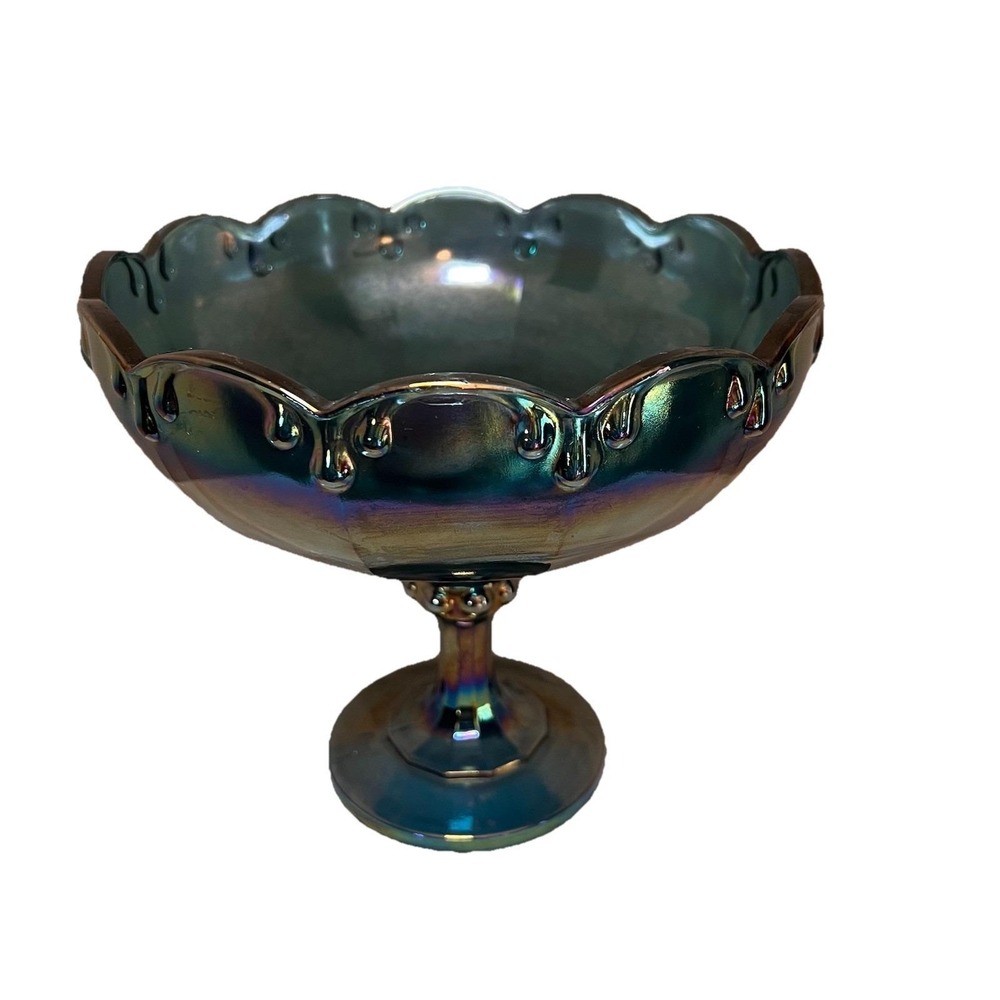 Vintage Carnival Glass Blue Iridescent Pedestal  Bowl Drip Pattern 8" X 7" Round